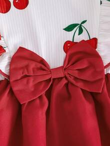 Baby Girl Autumn Fruit Print Cherry Pattern Long Sleeve Dress With Bow Decoration, Waist-Cinching A-Line Silhouette, Slightly Elastic, Suitable For Daily Wear And Gift Giving - Red - View 5