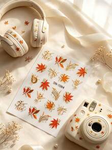 1 Set, Journaling Supplies, Stickers For Laptop, Gold Foil Plant Illustration, Delicate Autumn Maple Leaf Design, Luxe Fall Vibe, Thin Gold Line Embellished, Nail Art Decals, Multi-Scene Decor Stickers - SN-1084 - View 3
