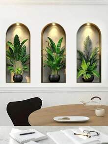 3pcs Arched Niche Green Plant Wall Sticker, 2D Waterproof Self-Adhesive Tropical Plant Wall Niche Art Sticker, Suitable For Living Room, Entryway, Wall Decor And Home Decor. - A - View 6