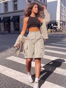 Multi-Pocket Solid Color Casual Fashion Summer Cargo Shorts - Apricot - View 2