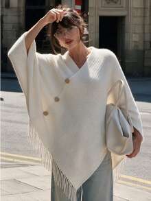 SEREN Bohemian Style Women's Shawl Sweater, Featuring Tassel Details, Ribbed Knit And Three-Quarter Sleeve Design, Perfect For Autumn Outfits - Apricot - View 2