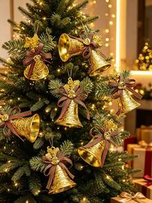 6/1pc Christmas Hanging Bell Decorations, Plastic Bells With Bow Decorations - Golden Bell Christmas Tree Decorations, Suitable For Holiday Parties, Christmas Tree Decorations, Festive Decorations, Decorating Doors - one-size - View 3