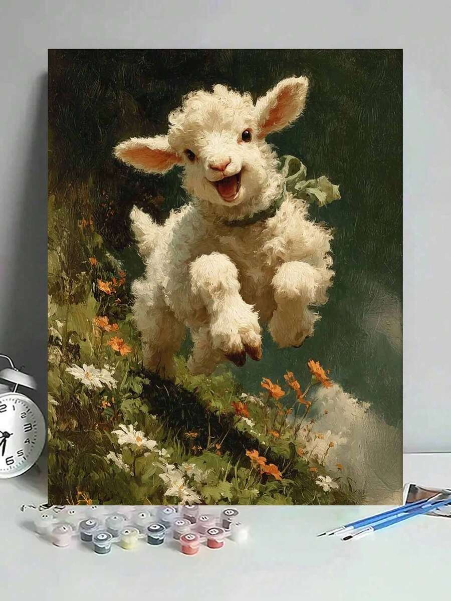 DIY Happy Jumping Lamb In Spring Meadow (Frameless 8x12 / 16x20 Inches) Paint By Numbers Kit (Acrylic) Arts & Crafts For Adult Beginners, Home Wall Decor, And Holiday Gifts For Farm Animal Lovers - Sets - View 1