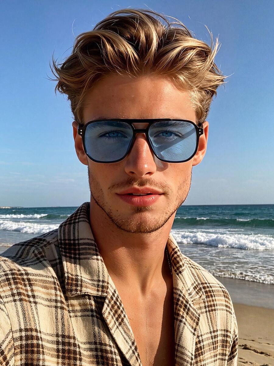 1 Pair Men's Fashion INS Style Aviator Frame Sunglasses, Perfect Blend Of Modern Style And Vintage Charm, Suitable For Vacation Outfits, Parties, Daily Wear, Fits All Face Shapes - Multicolor - View 1