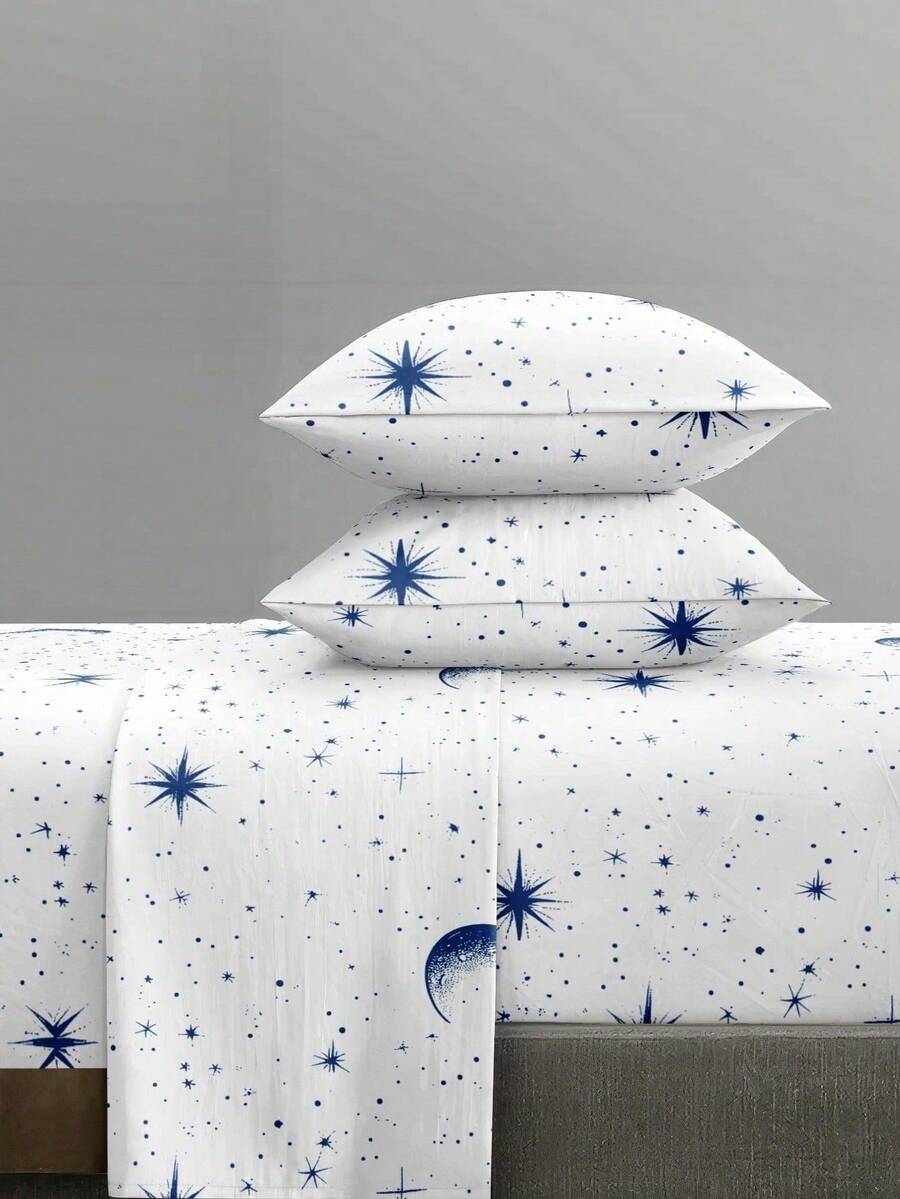 4-Piece Blue Star & Moon Pattern Bedding Set, Easy Care Soft Bedding Set (1 Flat Sheet + 1 Fitted Sheet + 2 Pillowcases), Fitted Sheet Set Suitable For King/Queen/Full/Twin Size, Fits 11.8 Inch Deep Mattress, Soft Breathable Wrinkle-Resistant, Back To School Dorm Bedding - White - View 1