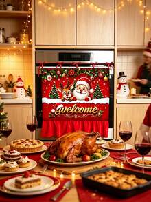 Christmas Oven Door Curtain, Santa Claus And Reindeer Welcome Print, Red Ruffle Trim Hanging Decor, Suitable For Kitchen, Holiday Party, Farmhouse Home Decor - D - View 3