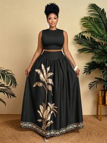 BIUBIU Plus Size Formal Two Pieces Outfit For Women With Round Neck Sleeveless Crop Top And Palm Tree Print Maxi Skirt, Elegant Plus Size Co-Ord Set - Brown - View 4