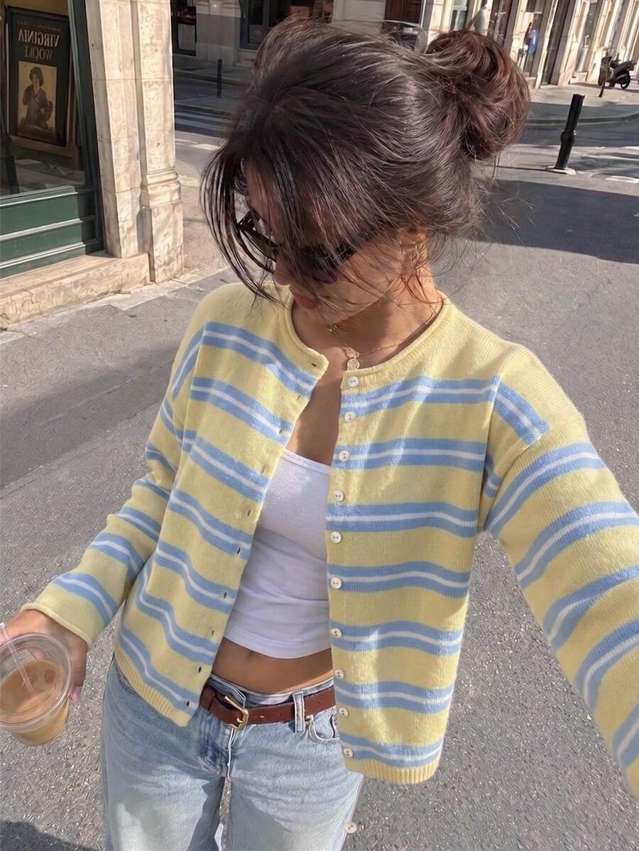 Beach Casual Women Striped Crew Neck Button Front Oversized Knit Cardigan, Drop Shoulder Long Sleeve Loose Fit Sweater Jacket Fall - Multicolor - View 1