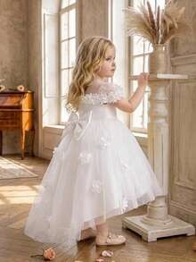 Baby Girls 3D Floral Mesh Bow Cute Party Dress Suitable For 1st Birthday Flower Girl, Headband Not Included - White - View 2