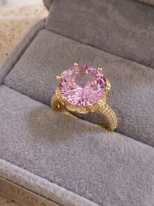 Juego de 2 Anillos de Acero Inoxidable Elegantes Vintage de Lujo con Diseño de Hada para Mujeres, Anillo de Promesa con Zafiro Redondo Grande & Circonita Rosa, Regalo Diario/Navidad/Cumpleaños/Otoño - Multicolor - Ver 5