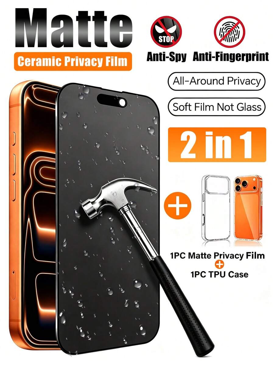 2-In-1 Set [2026 New] TPU Clear Phone Case + Matte Privacy Screen Protector Compatible With Iphone 18 Pro Max/18 Pro/17 Pro Max/17 Pro/17 Air/17/16 Pro Max/16 Pro/16 Plus/16/15 Pro Max/15 Pro/15 Plus/15/14/13/12/11 Pro Max, 24° Anti-Spy, Anti-Glare, Anti-Fingerprint, Zero Bubbles, Silky Smooth Touch, Case Friendly - Black - View 1