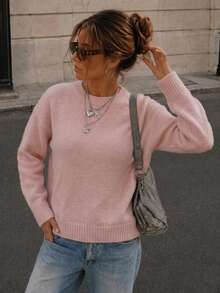 Women's Pink Knitted Sweater, Drop Shoulder Long Sleeve, Regular Fit Pullover, Suitable For Autumn/Winter - Pink - View 1