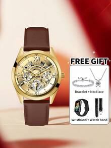 Guess Men's Vintage Styled Openwork Watch Rich Chocolate Leather Strap Warm Tone Bezel Roman Numeral Track Analog Quartz Wristwatch Business Promotions Gift - one-size - View 1