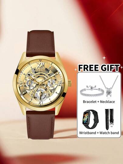 Guess Men's Vintage Styled Openwork Watch Rich Chocolate Leather Strap Warm Tone Bezel Roman Numeral Track Analog Quartz Wristwatch Business Promotions Gift