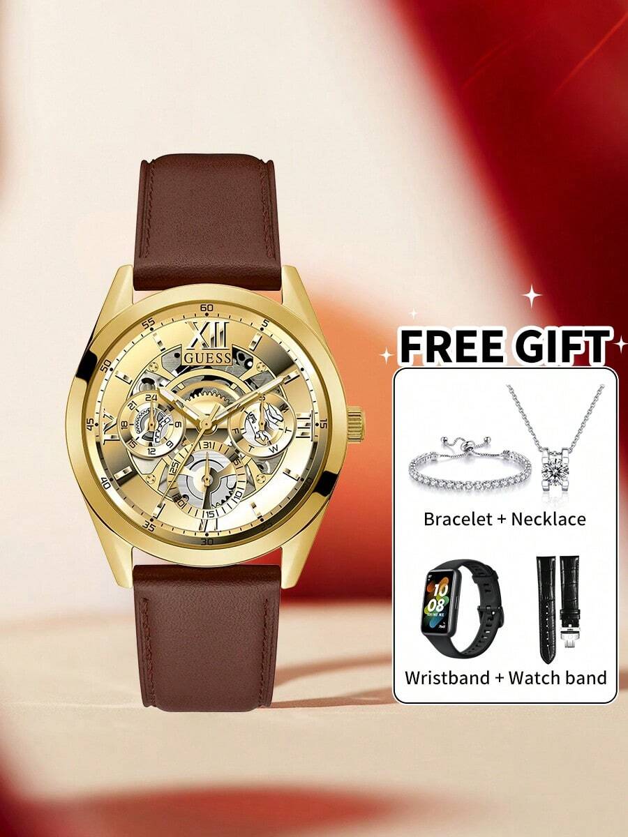 Guess Men's Vintage Styled Openwork Watch Rich Chocolate Leather Strap Warm Tone Bezel Roman Numeral Track Analog Quartz Wristwatch Business Promotions Gift - one-size - View 1
