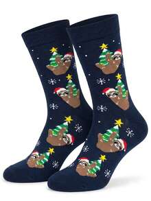 1 Pair Of Men Crew Sock, Christmas Sloth Xmas Tree Snowflake Pattern Socks, Soft Warm Fall Winter, Halloween Christmas Gift For Men & Women - Multicolor - View 2