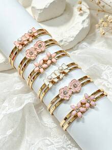 6pcs Pink Tone Bracelet Set, Flower, Gradient Bowknot, Exquisite Children's Jewelry Combination, Best Friend Sister Jewelry Set, Adjustable Size Design - Gold - View 8