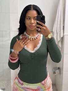 LovelyWholesale Women's Casual Lace Patchwork V-Neck Button Decor Long Sleeve Ribbed Knit T-Shirt, Autumn - Army Green - View 1