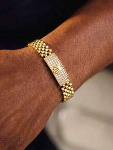 1pc Unisex Versatile Watch Style Pave Bangle, 18K Gold Plated Stainless Steel, Daily Wear Gift For Men & Women - Gold - View 2