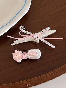 3/2pcs Cute Cartoon Blue Bear Hair Clip Set For Women, Bowknot Faux Pearl Decor Duckbill Hair Clips Hair Accessories - Strawberry - View 11
