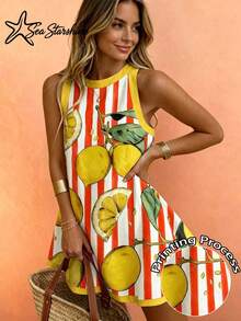 Sea Starshine Women's Bohemian Style Summer Beach Casual Vacation Comfortable Sleeveless Dress With Color Block Lemon Leaf Pattern, Suitable For Summer Beach Wear - Orange White - View 1