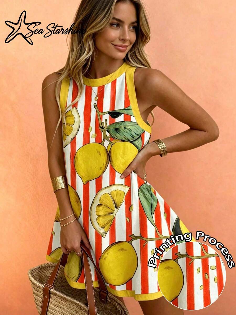 Sea Starshine Women's Bohemian Style Summer Beach Casual Vacation Comfortable Sleeveless Dress With Color Block Lemon Leaf Pattern, Suitable For Summer Beach Wear - Orange White - View 1