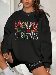 Women's Christmas Happy Letter Print Pajama Set, Drawstring Sports Shorts Set, 2 Pieces Set, Suitable For Home Wear, Sports Warmth, Suitable For Autumn/Winter Season - Black - View 2