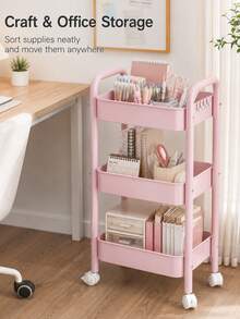 1pc 3-Tier Large Capacity Mobile Storage Cart, Storage Rack, Trolley, Metal Thickened Frame Pink Minimalist Style, With Handle, Hooks, Universal Wheels, Hollow Drainage Storage Basket, Snack, Miscellaneous, Skincare Product Storage Rack, Suitable For Bedroom, Office, Living Room, Kitchen, Bathroom, Dorm, Rental Apartment Daily Home Storage - Multicolor - View 8