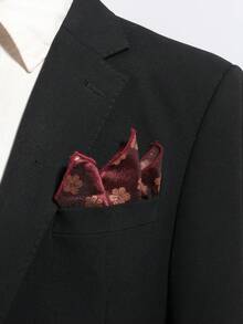 酒紅色金色花卉印花口袋巾，男士正式婚禮商務西裝配件 - 酒紅色 - 查看 5