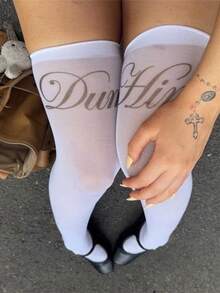 Y2K Street Style Handwritten Letter Print Sheer Thigh-High Socks, Side Contrast Color Line See-Through Over-The-Knee Socks, Suitable For High Heels And Mini Skirts - White - View 2