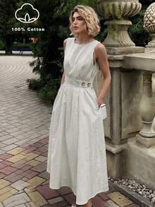 Women's Elegant Sleeveless Midi Cotton Dress, White, Fashionable Minimalist Style Suitable For Daily Commute, Spring/Summer - Apricot - View 1
