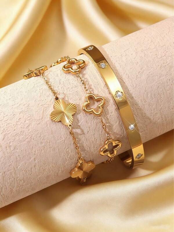 3pcs Stainless Steel Women's Bracelet Set, Stackable Open Adjustable Design, Twisted Rope Knot + Chain Elements, European And American Luxury Style, Gold Color, Women's Daily Commute, Date, Casual Vacation, Valentine's Day/Christmas Gift Bracelet