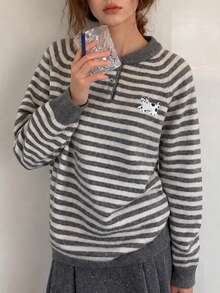 Women's New Autumn/Winter Classic Striped Fun Cartoon Embroidered Pullover Sweater - Light Grey - View 1