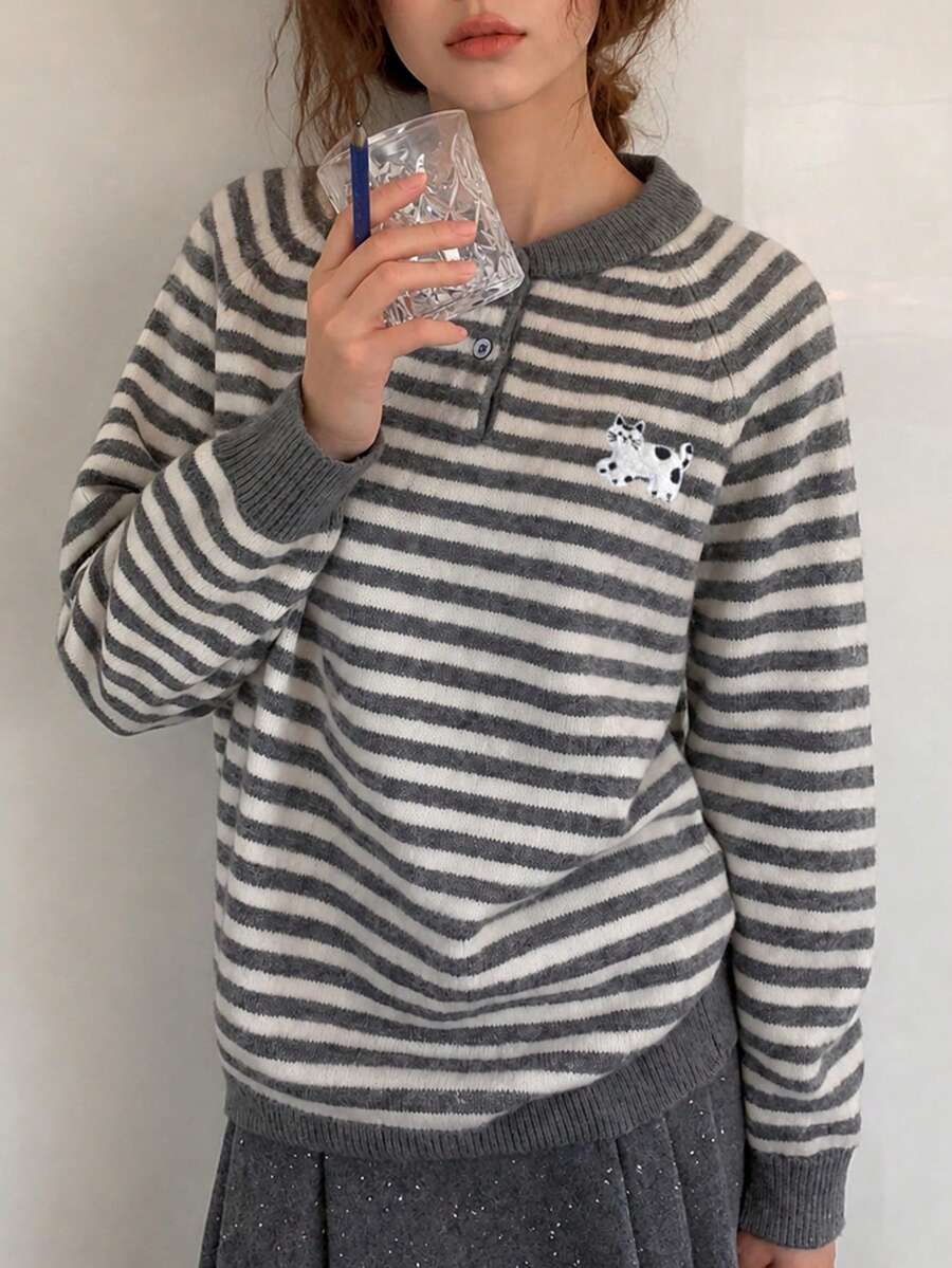 Women's New Autumn/Winter Classic Striped Fun Cartoon Embroidered Pullover Sweater - Light Grey - View 1
