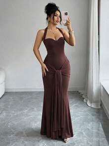 Spring/Autumn Solid Color Halter Tie Sleeveless Cinched Waist Long Elegant Dress, Party Date Dinner Afternoon Tea Evening Gown, Summer - Dark Brown - View 4