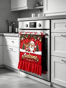 Christmas Oven Door Curtain, Santa Claus And Reindeer Welcome Print, Red Ruffle Trim Hanging Decor, Suitable For Kitchen, Holiday Party, Farmhouse Home Decor - D - View 9