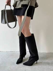 French Blogger Style Pointed Toe Wide Shaft Knee-High Boots, Nordic Kitten Heel Riding Boots For Women - Black - View 4