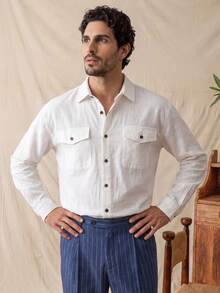 glestore Men's Vintage-Style Cotton Shirt With Antique Coin Print-Casual And Versatile For Work Or Leisure, Perfect For Spring, Fall, And Winter - White - View 4