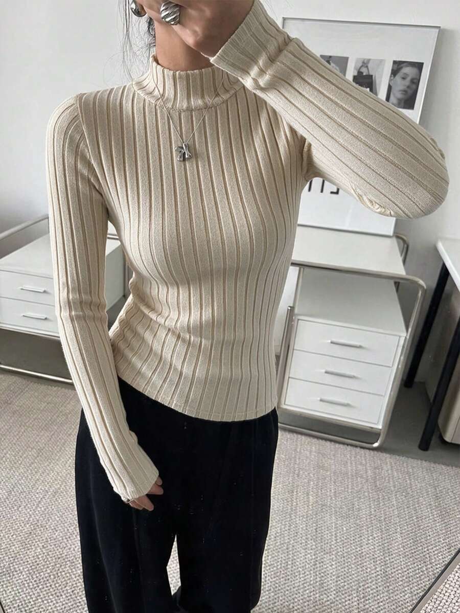 Women's Solid Color Stand Collar Long Sleeve Casual Ribbed Top - Khaki - View 1