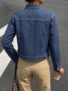 Women's Pinstripe Cropped Denim Jacket, Button Front Jean Jacket, Vintage Minimalist Denim Jacket, Fall Outfit For Women, Fall Clothes For Women - Medium Wash - View 4