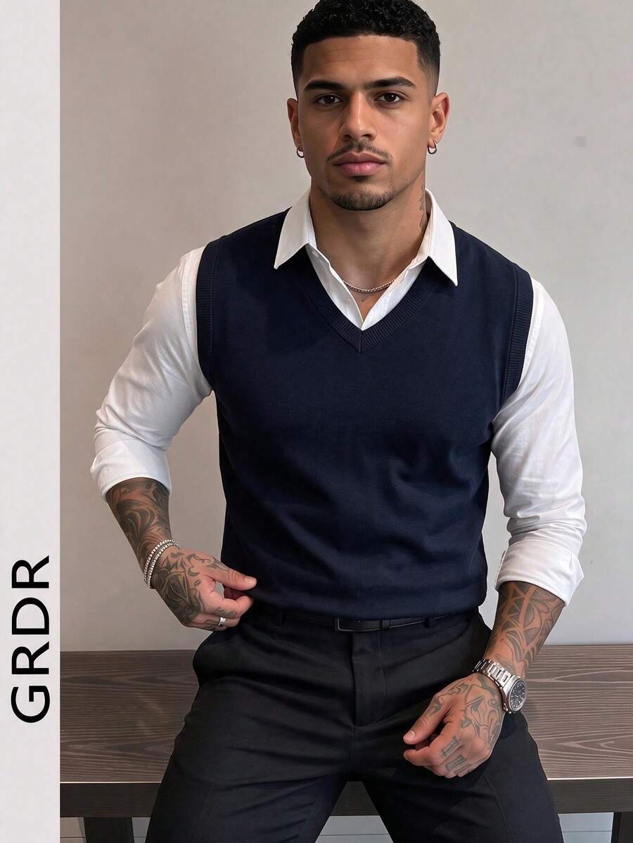 GRDR Chaleco de punto elegante de unicolor con cuello en V para hombre, otoño/invierno