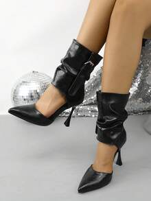 Women's Pointed Toe Ruched Ankle Boots, Hollow Out Thin High Heel, Buckle Decor Fashion Party Dress Boots - Black - View 5