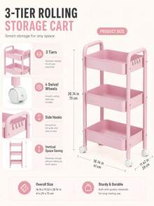 1pc 3-Tier Large Capacity Mobile Storage Cart, Storage Rack, Trolley, Metal Thickened Frame Pink Minimalist Style, With Handle, Hooks, Universal Wheels, Hollow Drainage Storage Basket, Snack, Miscellaneous, Skincare Product Storage Rack, Suitable For Bedroom, Office, Living Room, Kitchen, Bathroom, Dorm, Rental Apartment Daily Home Storage - Multicolor - View 4