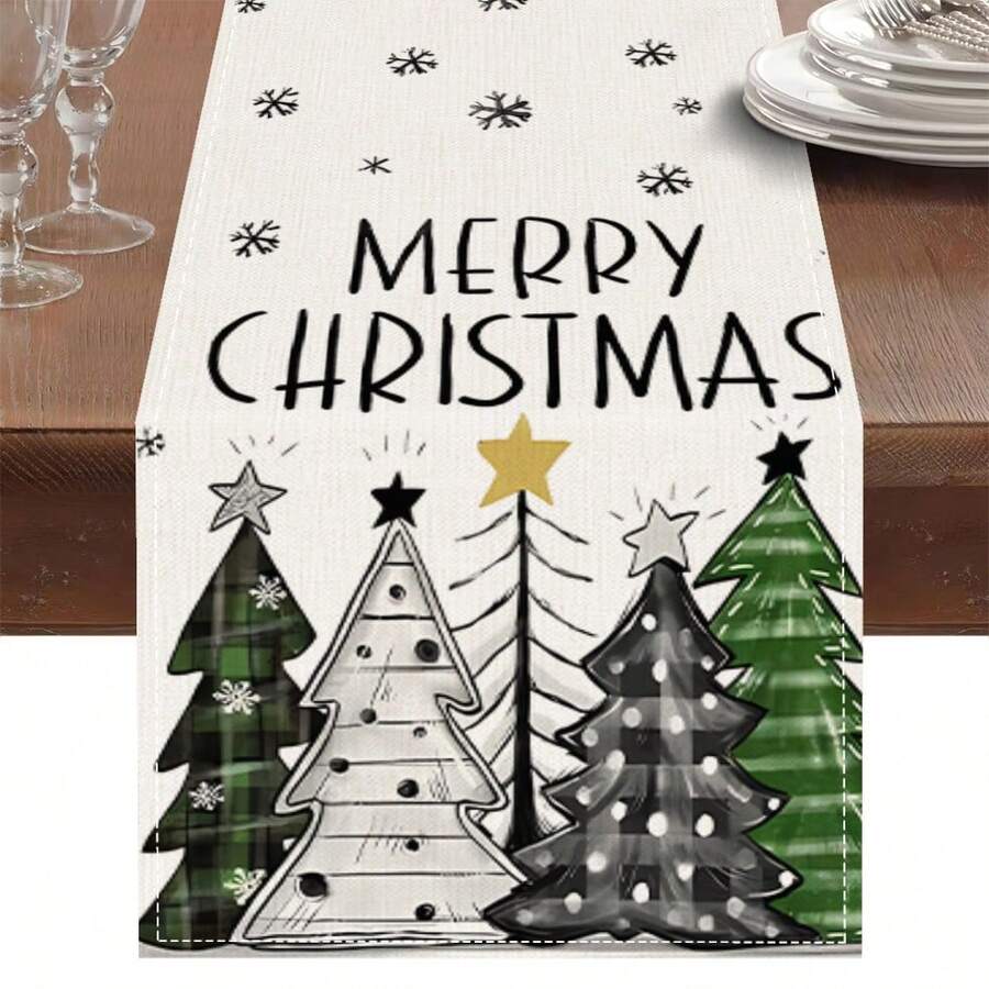 1pc Christmas Table Runner, Merry Christmas Plaid Christmas Tree Snowflake Print Table Runner, Holiday Table Home Decor, Accessories Not Included - Multicolor - View 1
