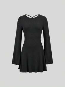JTI Vestido corto elegante francés para mujer, negro, de punto acanalado, cuello redondo, ajuste ceñido, manga acampanada, espalda descubierta con lazo cruzado, para fiesta y baile de otoño/invierno - Negro - Ver 3