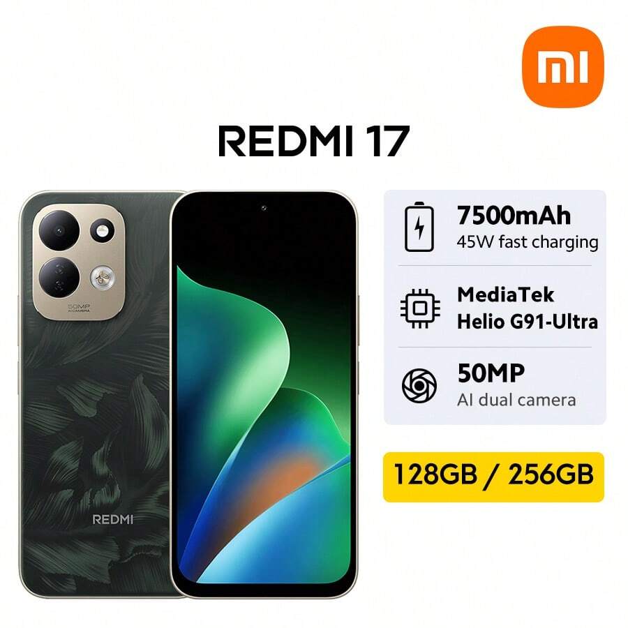 Xiaomi REDMI 17 全球版智慧型手機 NFC 7500mAh (Typ) 大容量電池 45W 快速充電 最高 22.5W 有線反向充電 6.9 吋沉浸式螢幕 動態 RGB 燈效 強大 MediaTek Helio G91-Ultra 50MP AI 雙鏡頭相機系統 - 綠色 - 查看 1