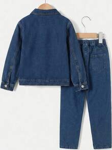 2pcs Tween Boys Autumn/Winter Vintage Street Style A-Embroidered Denim Jacket With Simple Slim Fit Distressed Jeans, Suitable For Outdoor Street Fashion - Dark Wash - View 3
