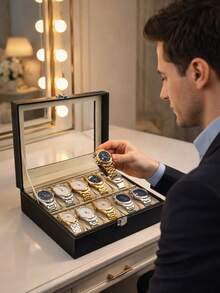 Estuche Organizador De Relojes Con 10 Compartimentos Caja Exhibidora De Piel Sintética Con Tapa De Cristal Y Almohadillas Removibles Almacenamiento Elegante Para Relojes Y Smartwatches - Negro - Ver 3