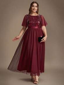 EVERPRETTY Plus Size Elegant Luxury Heavy Embroidery Sequin Mesh Patchwork Ruffle Sleeve A-Line Burgundy Formal Evening Gown For Evening Party Wedding Guest - Burgundy - View 3