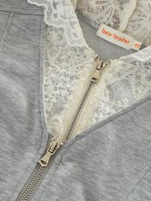 bearleader Girls Spring/Autumn Floral Lace Zipper Long Sleeve Sweatshirt Jacket And Mesh Patchwork Casual Pants Set - Grey - View 4
